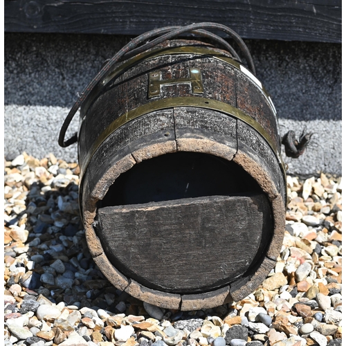 80 - A 19th century military coopered oak campaign bucket with brass branding and applied brass letter 'H... 