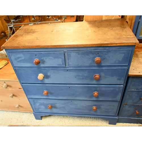 199 - A large antique oak part painted chest of two short over three long graduating drawers raised on bra... 