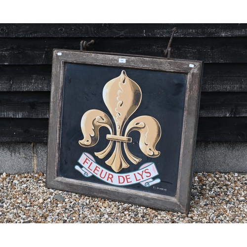 528 - An iron-framed painted wood inn-sign 'Fleur de Lys', signed P J Oldreive, 80 x 85 cm