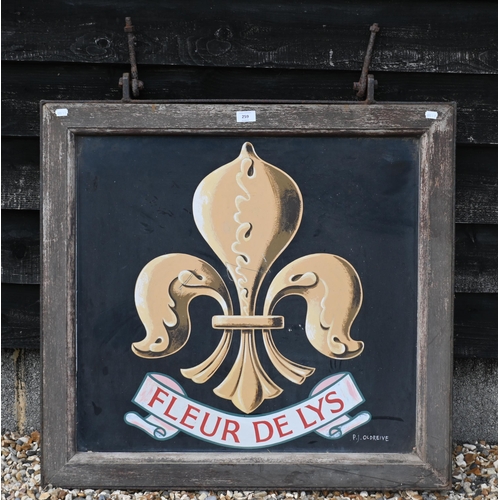 528 - An iron-framed painted wood inn-sign 'Fleur de Lys', signed P J Oldreive, 80 x 85 cm