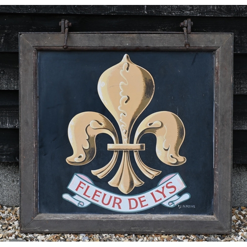 528 - An iron-framed painted wood inn-sign 'Fleur de Lys', signed P J Oldreive, 80 x 85 cm