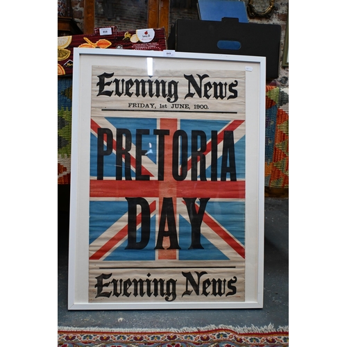 492 - Two historic Evening News posters 'Relief of Mafeking' and 'Pretoria Day', 75 x 50 cm, framed and gl... 