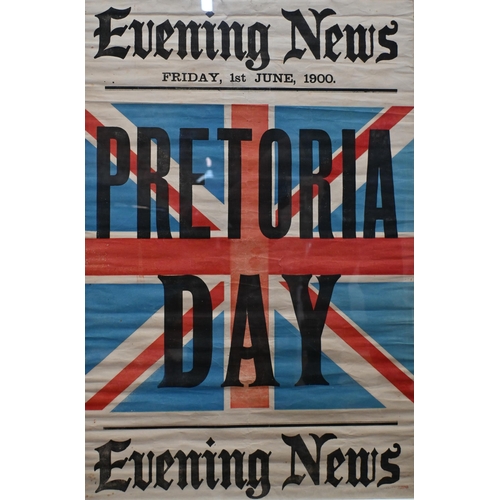 492 - Two historic Evening News posters 'Relief of Mafeking' and 'Pretoria Day', 75 x 50 cm, framed and gl... 