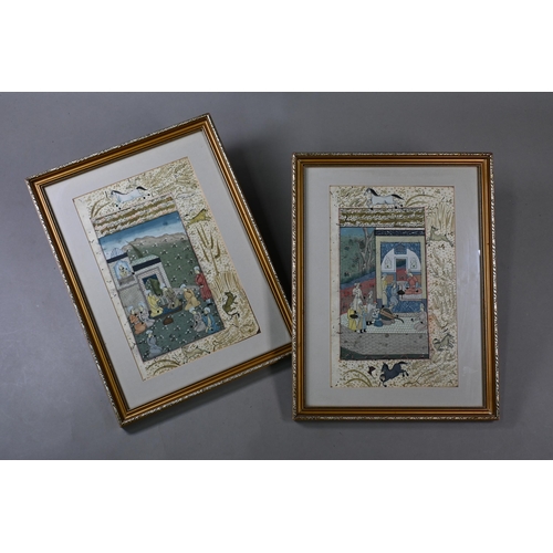 493 - Two 19th century Mogul paintings depicting men attending a nobleman, with inscriptions, within borde... 