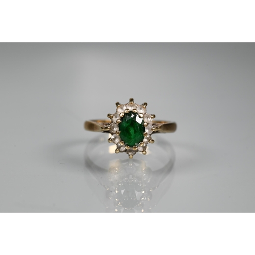 465 - A green and white stone cluster ring, 9ct yellow gold set, size N 1/2, approx 2.7g all in