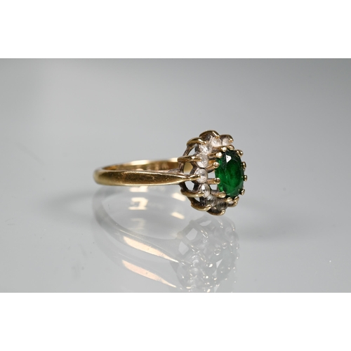 465 - A green and white stone cluster ring, 9ct yellow gold set, size N 1/2, approx 2.7g all in