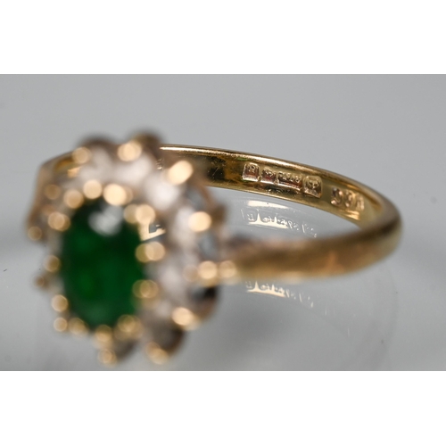 465 - A green and white stone cluster ring, 9ct yellow gold set, size N 1/2, approx 2.7g all in