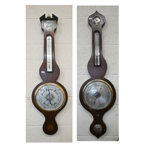 100 - Two unnamed mercurian wheel barometers with silvered dials and registers, one inlaid case, 95 cm and... 