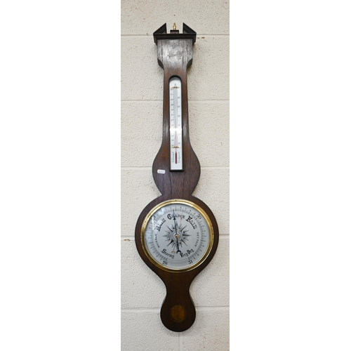 100 - Two unnamed mercurian wheel barometers with silvered dials and registers, one inlaid case, 95 cm and... 