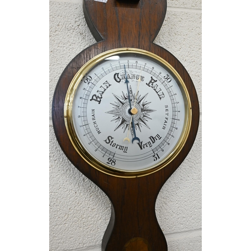 100 - Two unnamed mercurian wheel barometers with silvered dials and registers, one inlaid case, 95 cm and... 