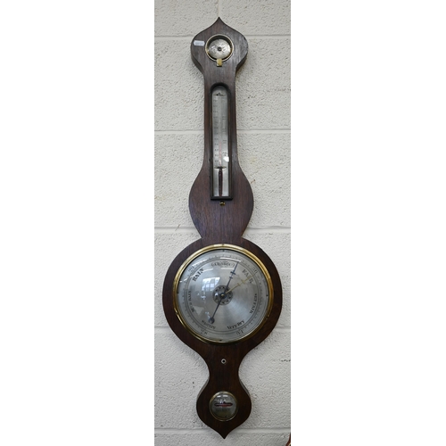 100 - Two unnamed mercurian wheel barometers with silvered dials and registers, one inlaid case, 95 cm and... 