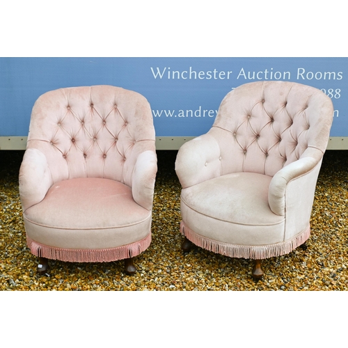 102 - A pair of Victorian button back armchairs, dusky pink dralon upholstery