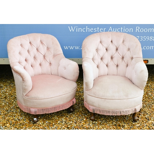 102 - A pair of Victorian button back armchairs, dusky pink dralon upholstery