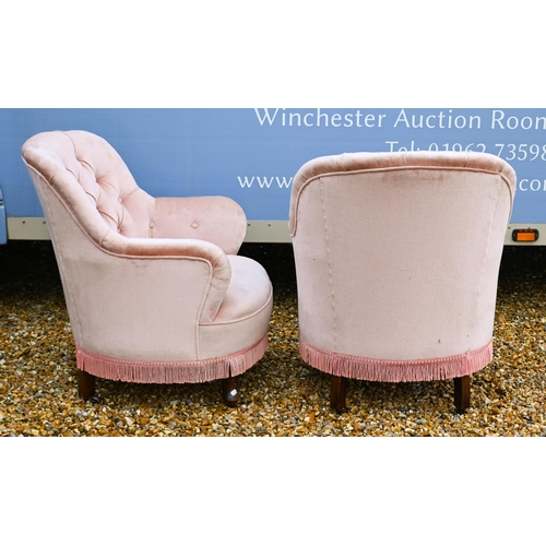 102 - A pair of Victorian button back armchairs, dusky pink dralon upholstery