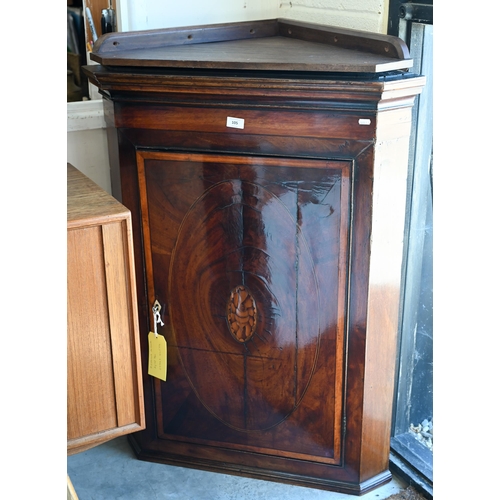 105 - A 19th century mahogany shell inlaid hanging corner cupboard, 72 x 43 x 133 cm h