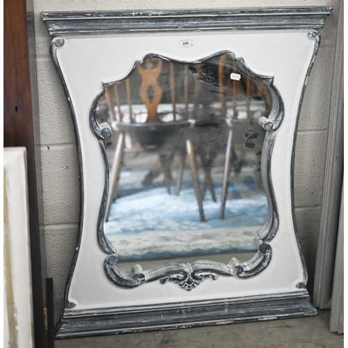 109 - Four modern wall mirrors in decorative distressed painted/gilded frames, largest 70 x 80 cm (4)