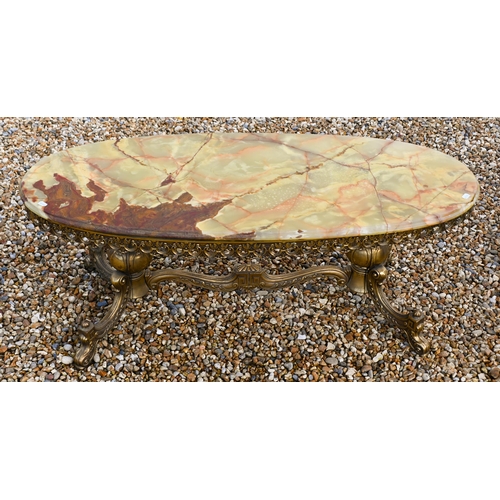 115 - A green onyx and brass oval coffee table, 120 x 50 x 46 cm high