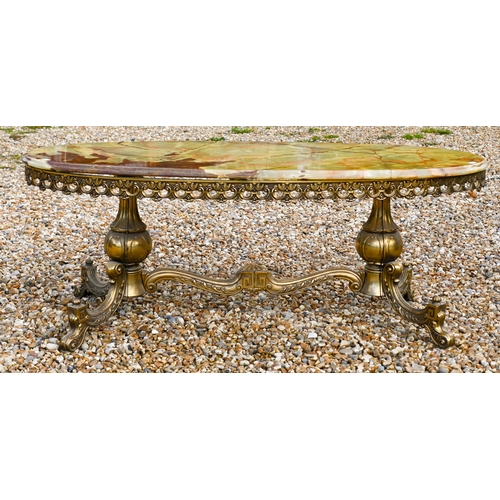 115 - A green onyx and brass oval coffee table, 120 x 50 x 46 cm high