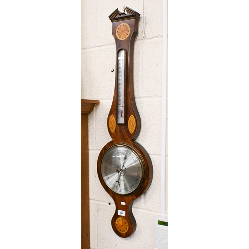 136 - A 'Comitti, Holborn' inlaid mahogany wheel barometer with silvered dials, 94 cm high