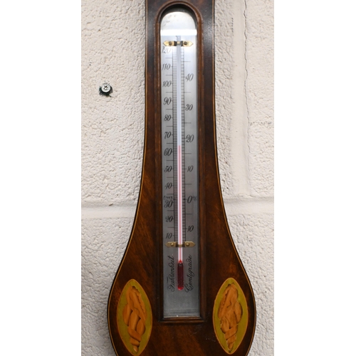 136 - A 'Comitti, Holborn' inlaid mahogany wheel barometer with silvered dials, 94 cm high