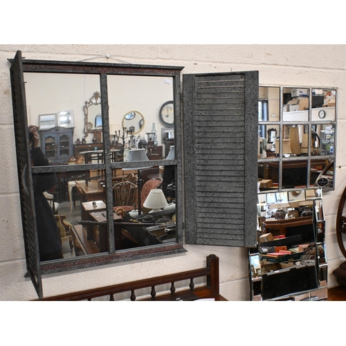 138 - A 'London Ornaments' metal garden shutter mirror, 60 cm w x 70 cm h to/w square window mirror and an... 