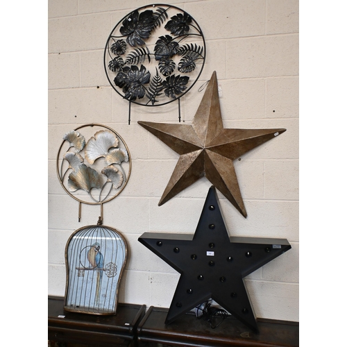 142 - A wall mounting star lamp to/w verre eglomise brass parrot cage, metal barn star and two circular me... 