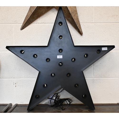 142 - A wall mounting star lamp to/w verre eglomise brass parrot cage, metal barn star and two circular me... 