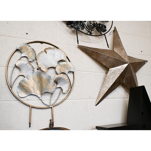 142 - A wall mounting star lamp to/w verre eglomise brass parrot cage, metal barn star and two circular me... 