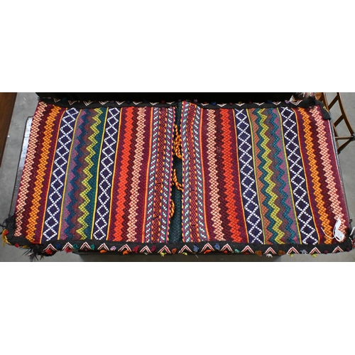 152 - Persian saddle bags (double) with multicoloured banded design to/w blue ground (worn) Kurdish rug (2... 