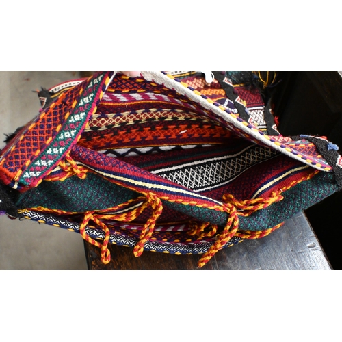 152 - Persian saddle bags (double) with multicoloured banded design to/w blue ground (worn) Kurdish rug (2... 