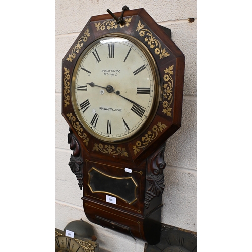 158 - A 19th century mahogany and brass inlaid drop-dial wall clock with fusee movement, 30 cm dial signed... 