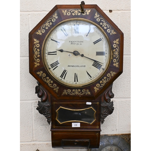 158 - A 19th century mahogany and brass inlaid drop-dial wall clock with fusee movement, 30 cm dial signed... 