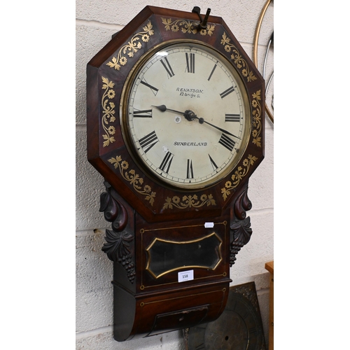 158 - A 19th century mahogany and brass inlaid drop-dial wall clock with fusee movement, 30 cm dial signed... 