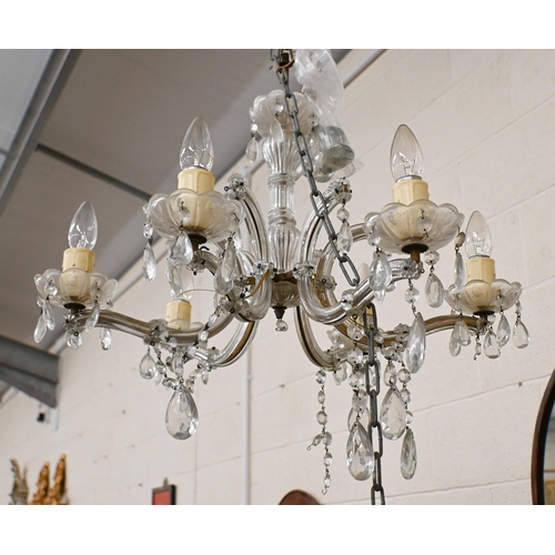 159 - # French-style six branch glass and brass electrolier with faceted glass drops