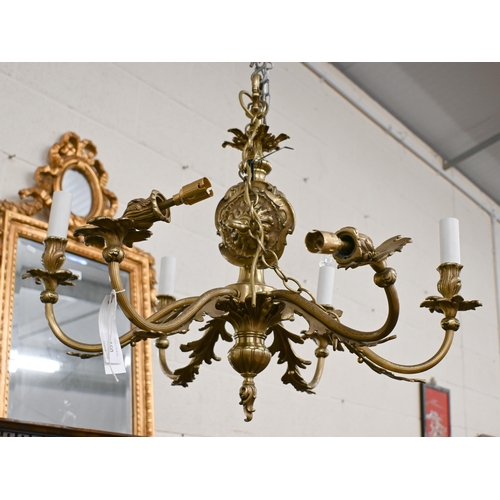 160 - A Rococo style brass foliate cast six branch electrolier a/f, approx 60 cm high