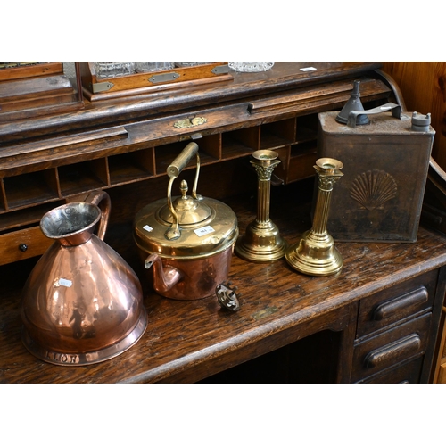 161 - Antique copper twin handled preserve pan, coal scuttle and haystack jug to/w vintage shell fuel can ... 