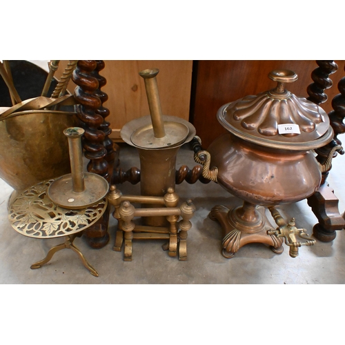 162 - An antique copper samovar to/w other various brassware including coal scuttle, fire tools, shell cas... 