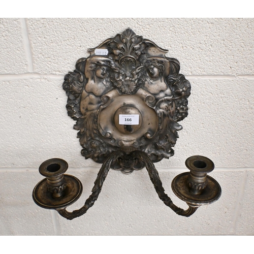 166 - A baroque style cast metal twin branch girandole/wall sconce, 32 cm