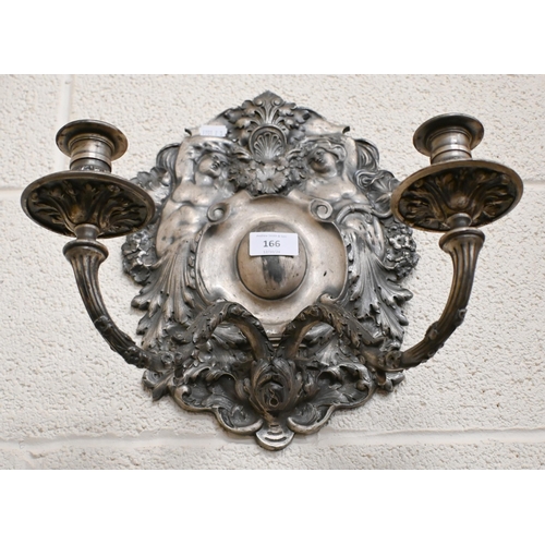 166 - A baroque style cast metal twin branch girandole/wall sconce, 32 cm