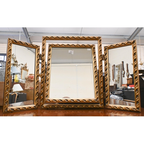 191 - A gilt framed triptych dressing table mirror, 86 cm w x 50 cm h