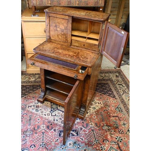 198 - A Victorian boxwood inlaid figured walnut combination desk and music cabinet, with small cabinet doo... 