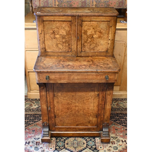 198 - A Victorian boxwood inlaid figured walnut combination desk and music cabinet, with small cabinet doo... 