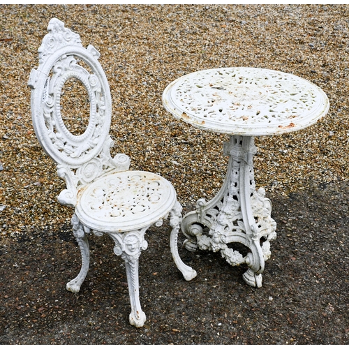 201 - A small circular cast iron terrace table, painted white, 57 cm dia. x 68 cm h to/w a similar cast ir... 