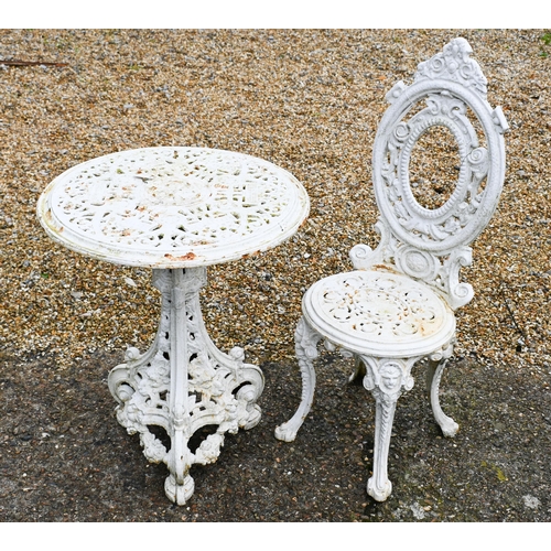 201 - A small circular cast iron terrace table, painted white, 57 cm dia. x 68 cm h to/w a similar cast ir... 