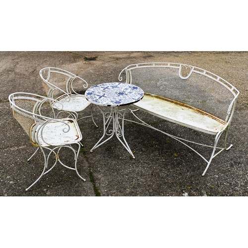 202 - A circular tile top terrace table to/with a pair of chairs and a wire back bench, 145 cm long, all w... 