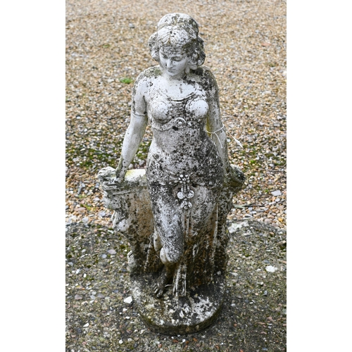 208 - A weathered 1920s style garden statue, female, 77 cm h