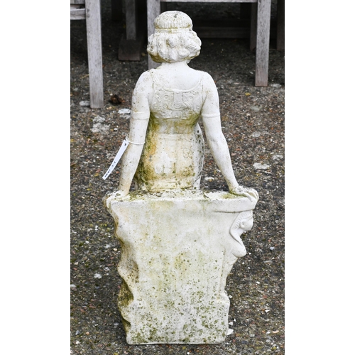 208 - A weathered 1920s style garden statue, female, 77 cm h