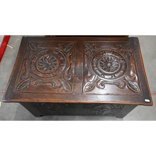 22 - A small carved oak coffer, 80 x 50 x 48 cm high