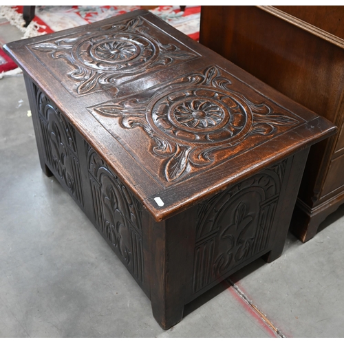 22 - A small carved oak coffer, 80 x 50 x 48 cm high