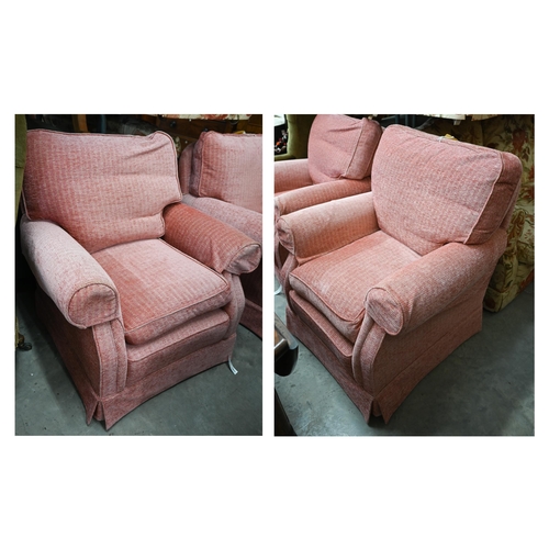 38 - # A pair of upholstered armchairs with scroll arms in dusky pink chenille fabric, 90 cm wide x 80 cm... 